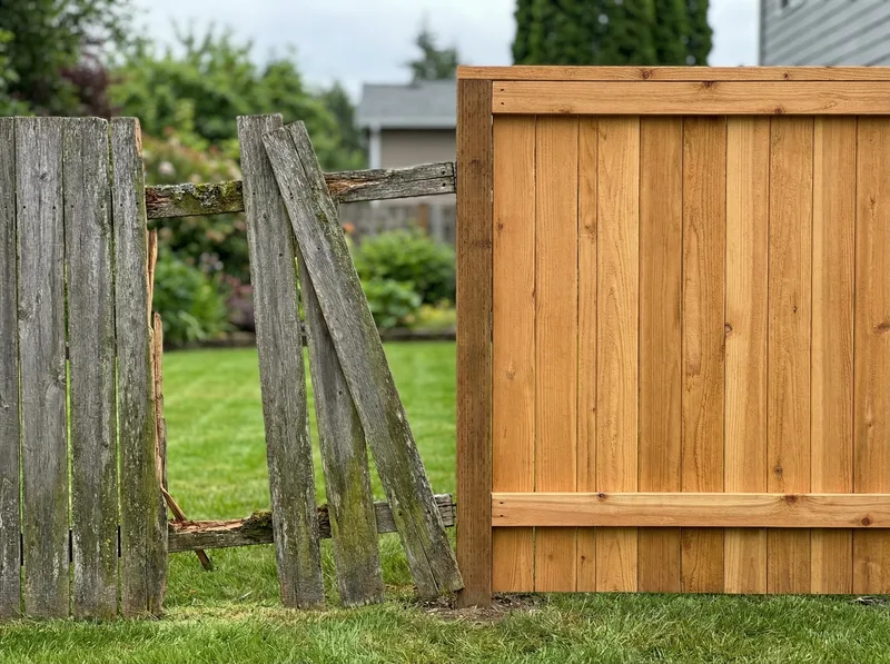 Before and after fence repair in Lehi showing damaged fence restored to like-new condition