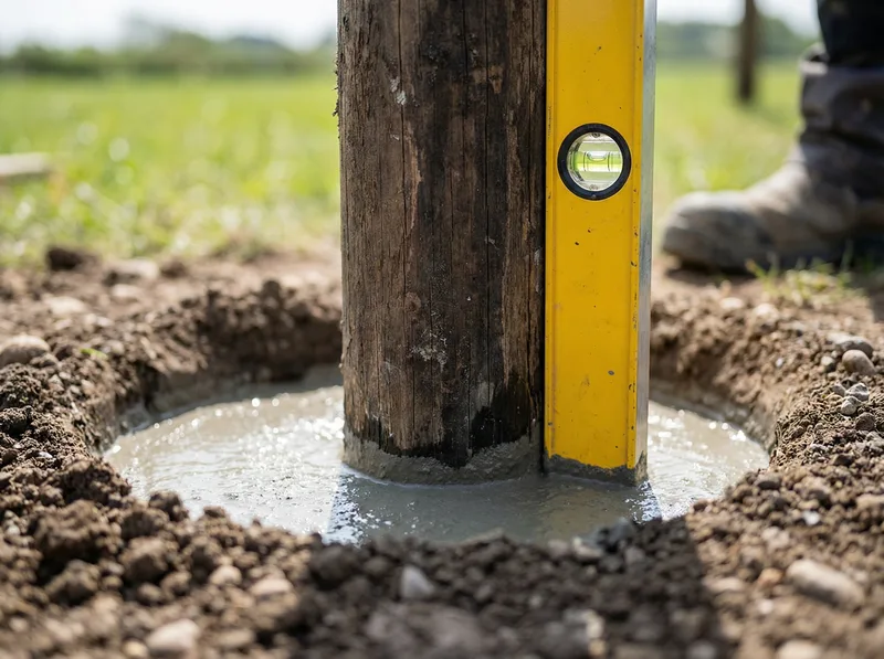 Fence post being set in concrete footing during a Utah County fence repair project
