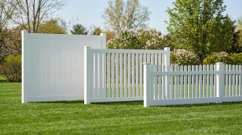 Different vinyl fence styles installed on Lehi properties including privacy, semi-privacy, and picket designs