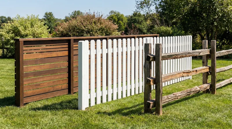 Various wood fence styles available for Lehi homes including board-on-board, dog-ear, and horizontal slat designs